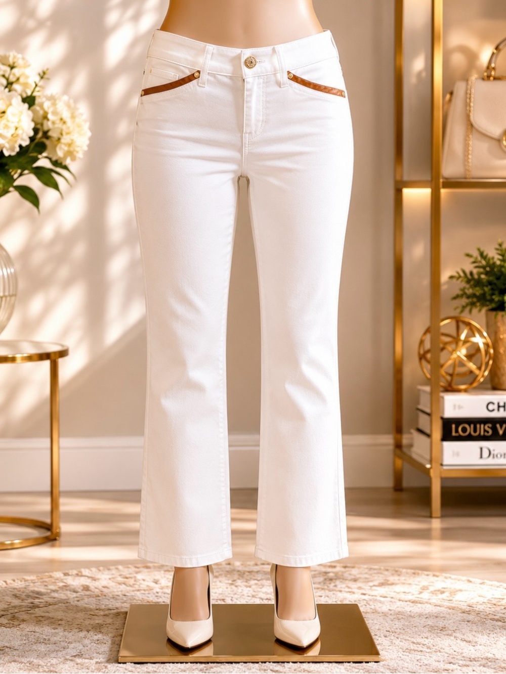 White House Black Market White Flare Jeans with Brown Trim Accents